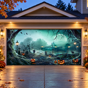 Lanterns In Graveyard In The Spooky Night Halloween Garage Door Cover Banner Backdrop
