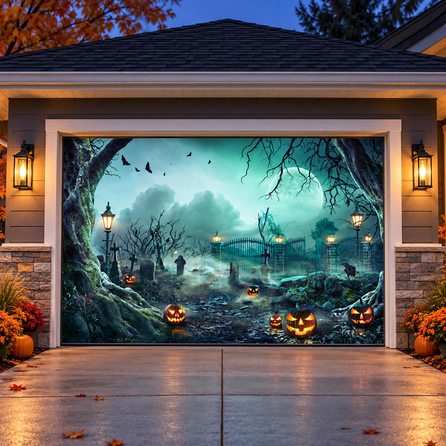 Alternate view of Lanterns In Graveyard In The Spooky Night Halloween Garage Door Cover Banner Backdrop