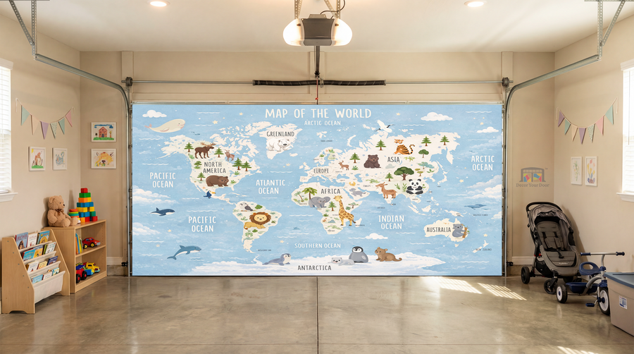 Little Explorers World Map Adventure – Interior Garage Door Cover