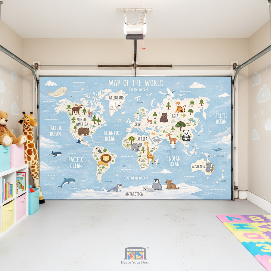 Little Explorers World Map Adventure – Interior Garage Door Cover