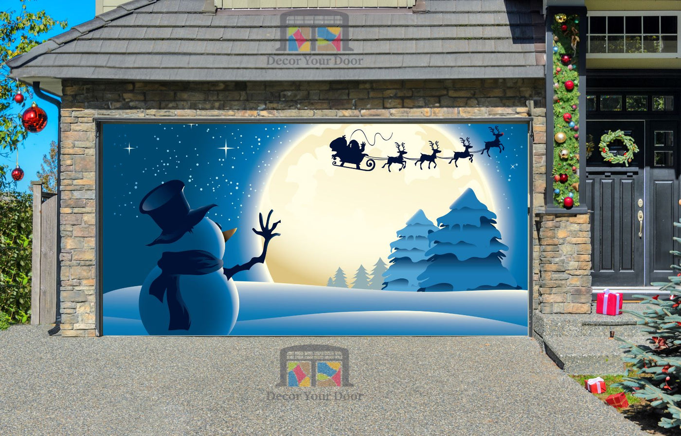 Lonely Snowman Waving to Santa Sleigh Garage Door Wrap Cover Mural Decoration