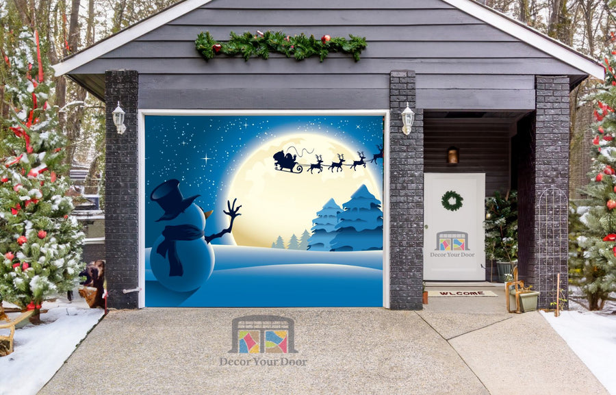 Lonely Snowman Waving to Santa Sleigh Garage Door Wrap Cover Mural Decoration