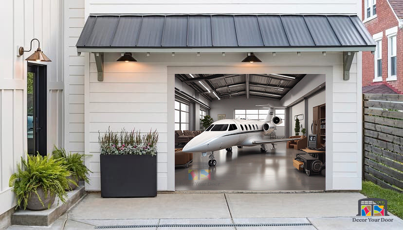 Luxury Private Jet Parked in the Garage - Garage Door Cover Banner Wrap