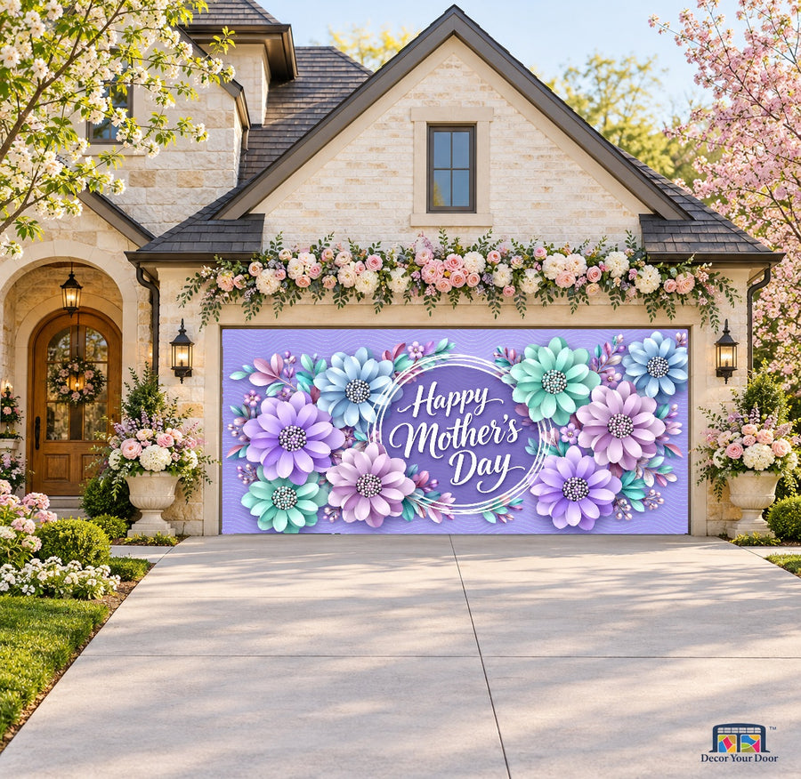 Purple Flowers Mother's Day Garage Door Cover — front view on a two-car floral garden house