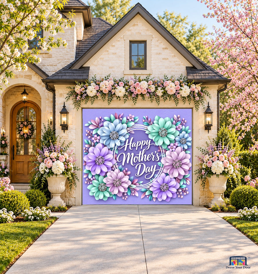 Purple Flowers Mother's Day Garage Door Cover — front view on a one-car floral garden house