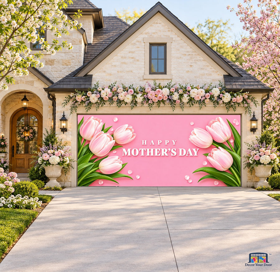 Pink Tulips Mother's Day Garage Door Cover — front view on a two-car floral garden house