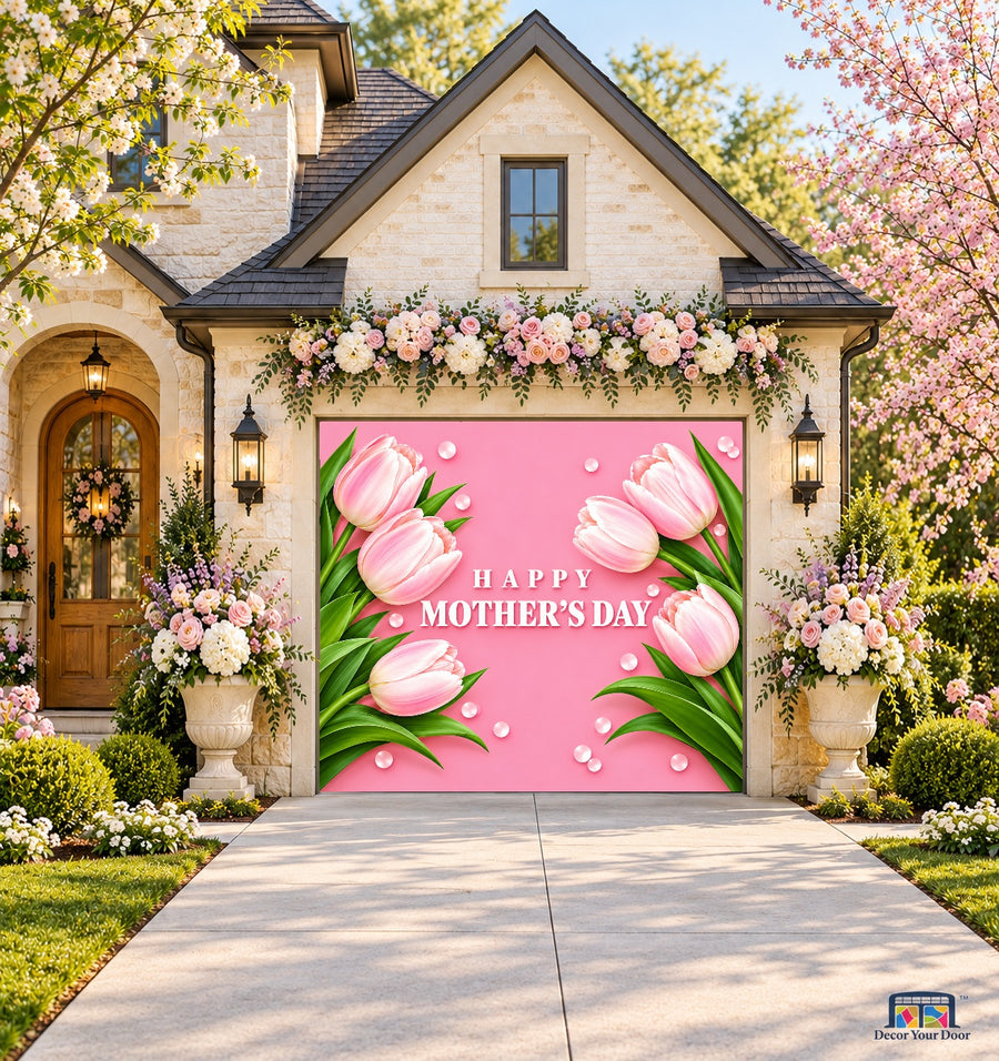 Pink Tulips Mother's Day Garage Door Cover — front view on a one-car floral garden house