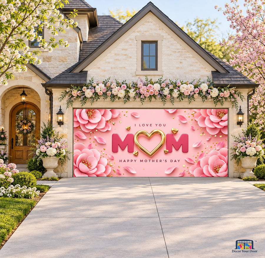 Pink & Gold Mom Mother's Day Garage Door Cover — front view on a two-car floral garden house