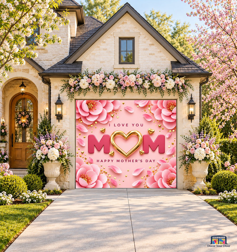 Pink & Gold Mom Mother's Day Garage Door Cover — front view on a one-car floral garden house