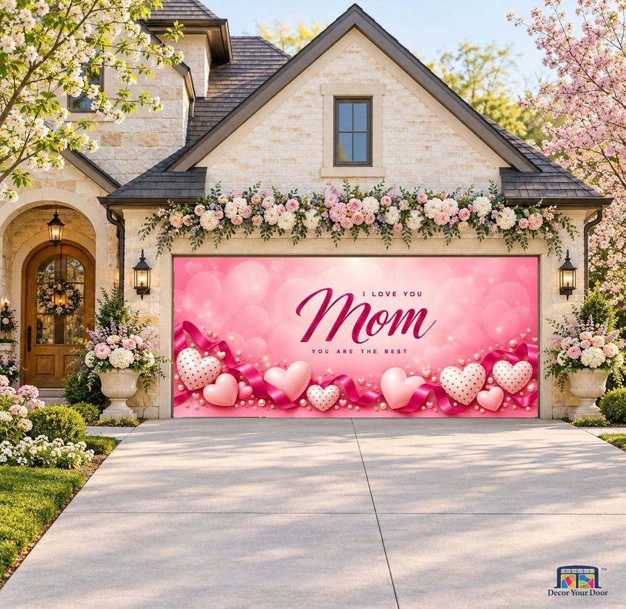 Pink Love Balloons Mother's Day Garage Door Cover — front view on a two-car floral garden house