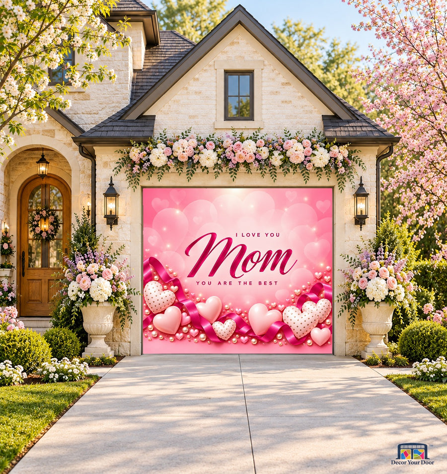 Pink Love Balloons Mother's Day Garage Door Cover — front view on a one-car floral garden house