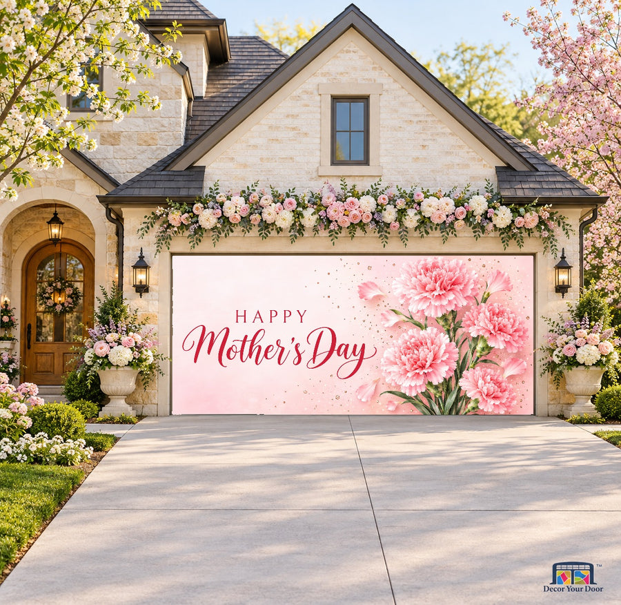 Pink Carnations Mother's Day Garage Door Cover — front view on a two-car floral garden house