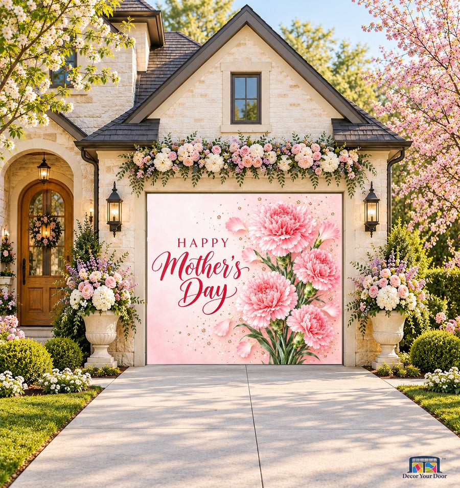 Pink Carnations Mother's Day Garage Door Cover — front view on a one-car floral garden house