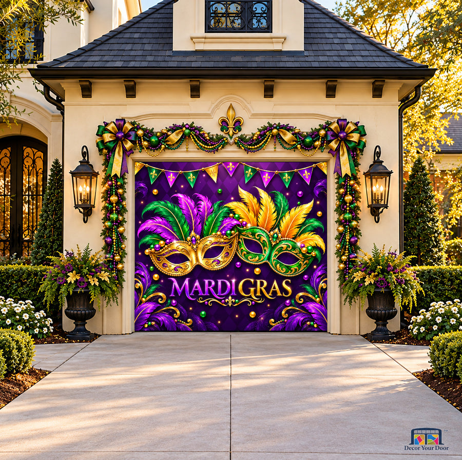 Mardi Gras Elegant Masquerade Mask Garage Door Cover — onecar front