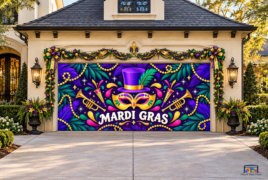 Mardi Gras Festive Mask & Beads Garage Door Cover — twocar front