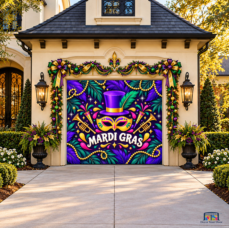 Mardi Gras Festive Mask & Beads Garage Door Cover — onecar front