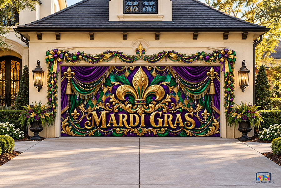 Mardi Gras Royal Fleur-de-lis Garage Door Cover — twocar front