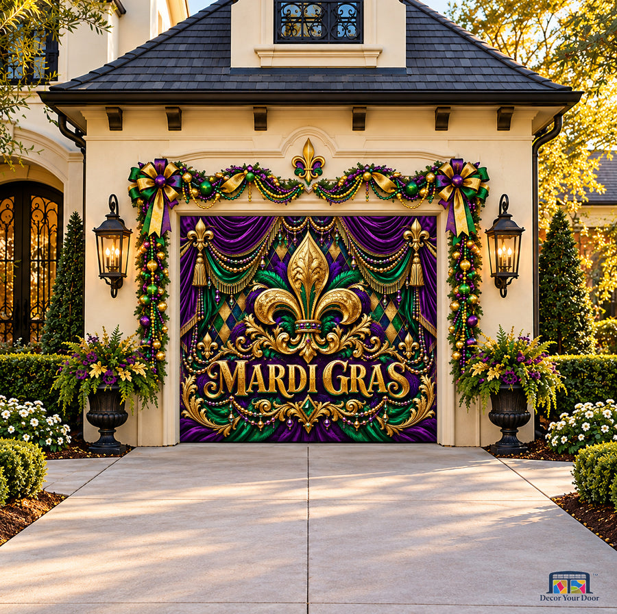 Mardi Gras Royal Fleur-de-lis Garage Door Cover — onecar front
