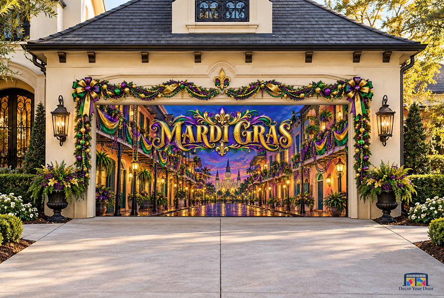 Mardi Gras French Quarter Celebration Garage Door Cover — twocar front
