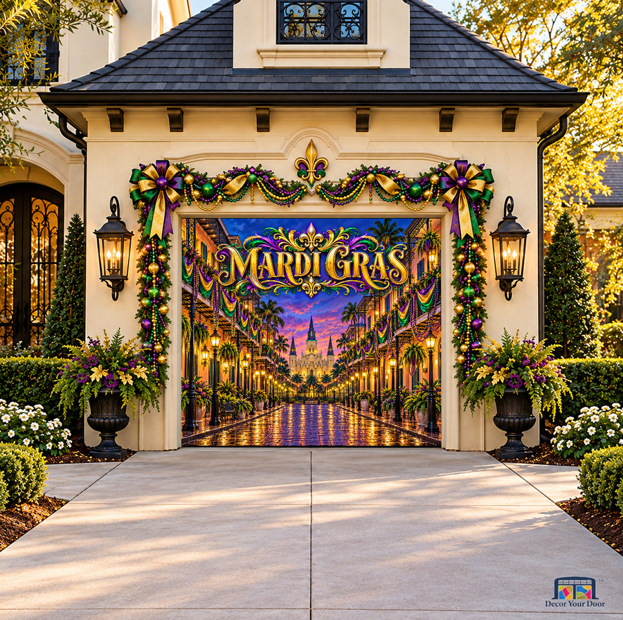 Mardi Gras French Quarter Celebration Garage Door Cover — onecar front