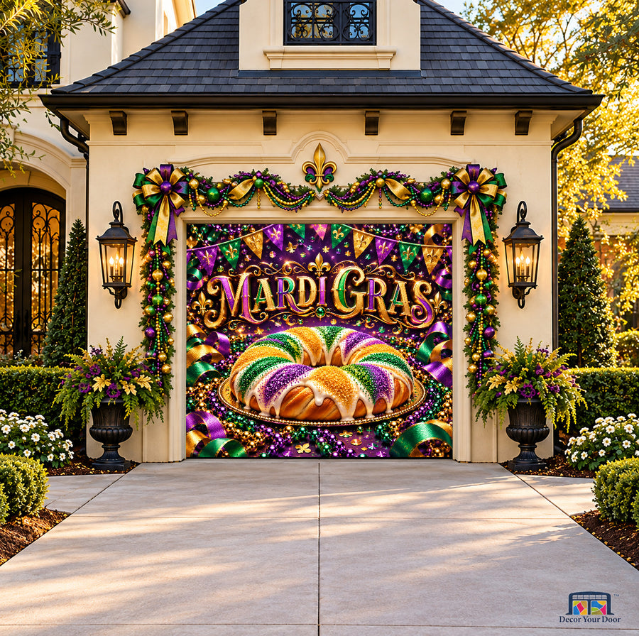 Mardi Gras King Cake Party Garage Door Cover — onecar front