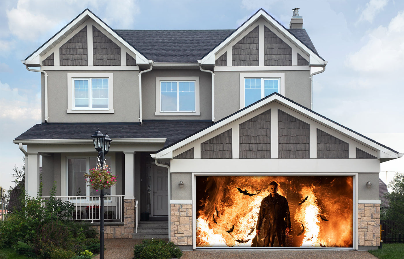 Michael Myers at the Burning Entrance Garage Door Cover Banner Wrap