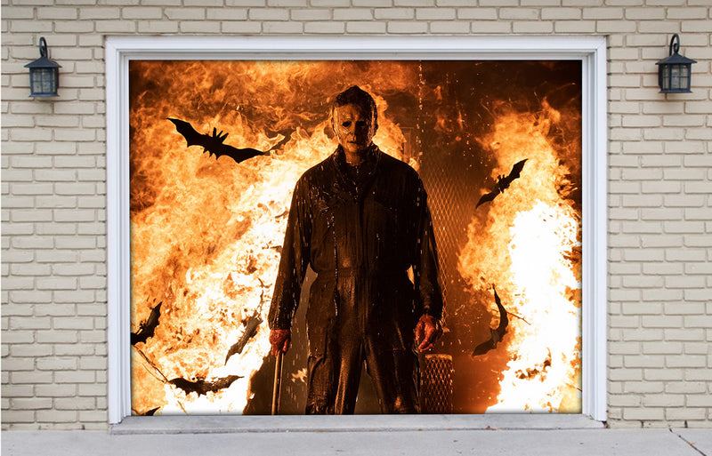 Michael Myers at the Burning Entrance Garage Door Cover Banner Wrap