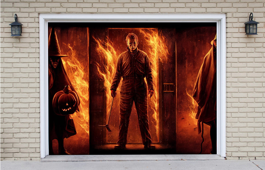 Vinilo decorativo para puerta de garaje con la imagen de Michael Myers en la entrada en llamas (Estilo 2)