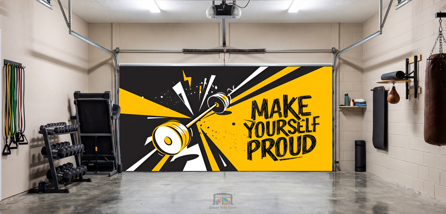 «Siéntete orgulloso» – Funda motivacional para puerta de garaje interior