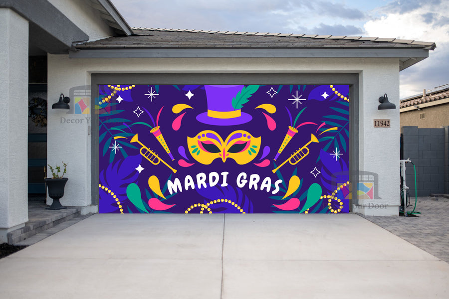 Mardi Gras Festive Mask & Beads Garage Door Cover
