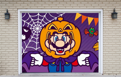 Mario Pumpkin Head Happy Halloween Garage Door Cover Wrap Backdrop