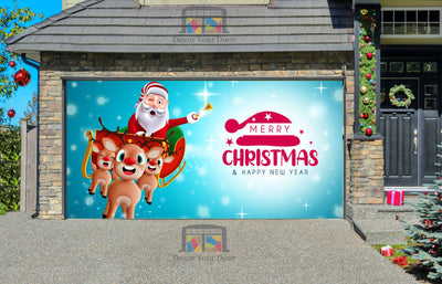 Merry Christmas And Happy New Year With Reindeer And Santa Claus Garage Door Wrap Cover Mural Decoration