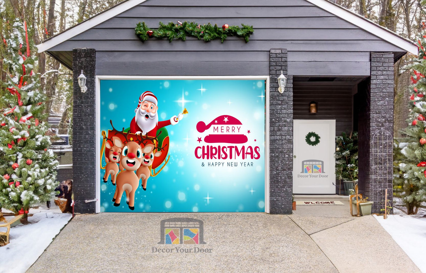 Merry Christmas And Happy New Year With Reindeer And Santa Claus Garage Door Wrap Cover Mural Decoration