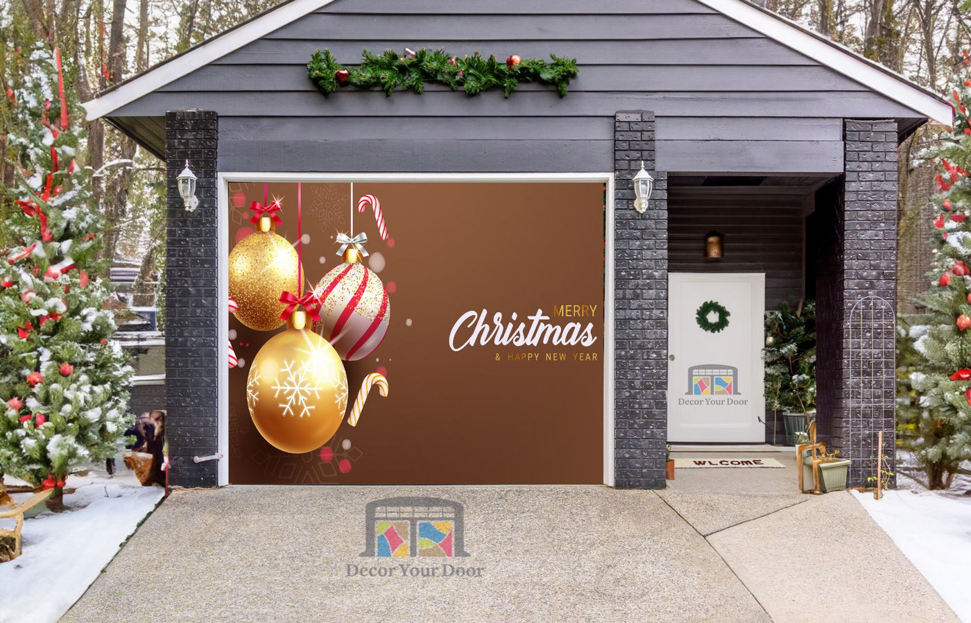 Merry Christmas Christmas In Glitter Gold Shiny Hanging Ornament Garage Door Wrap Cover Mural Decoration