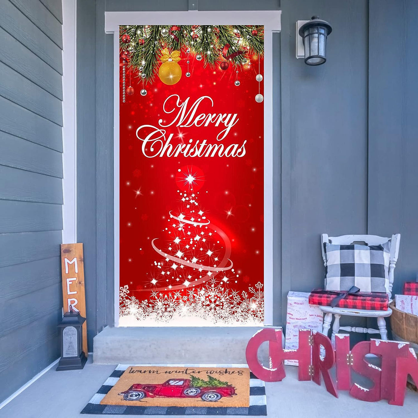 Merry Christmas Eve In Red Front Door Wrap Cover Xmas Decoration