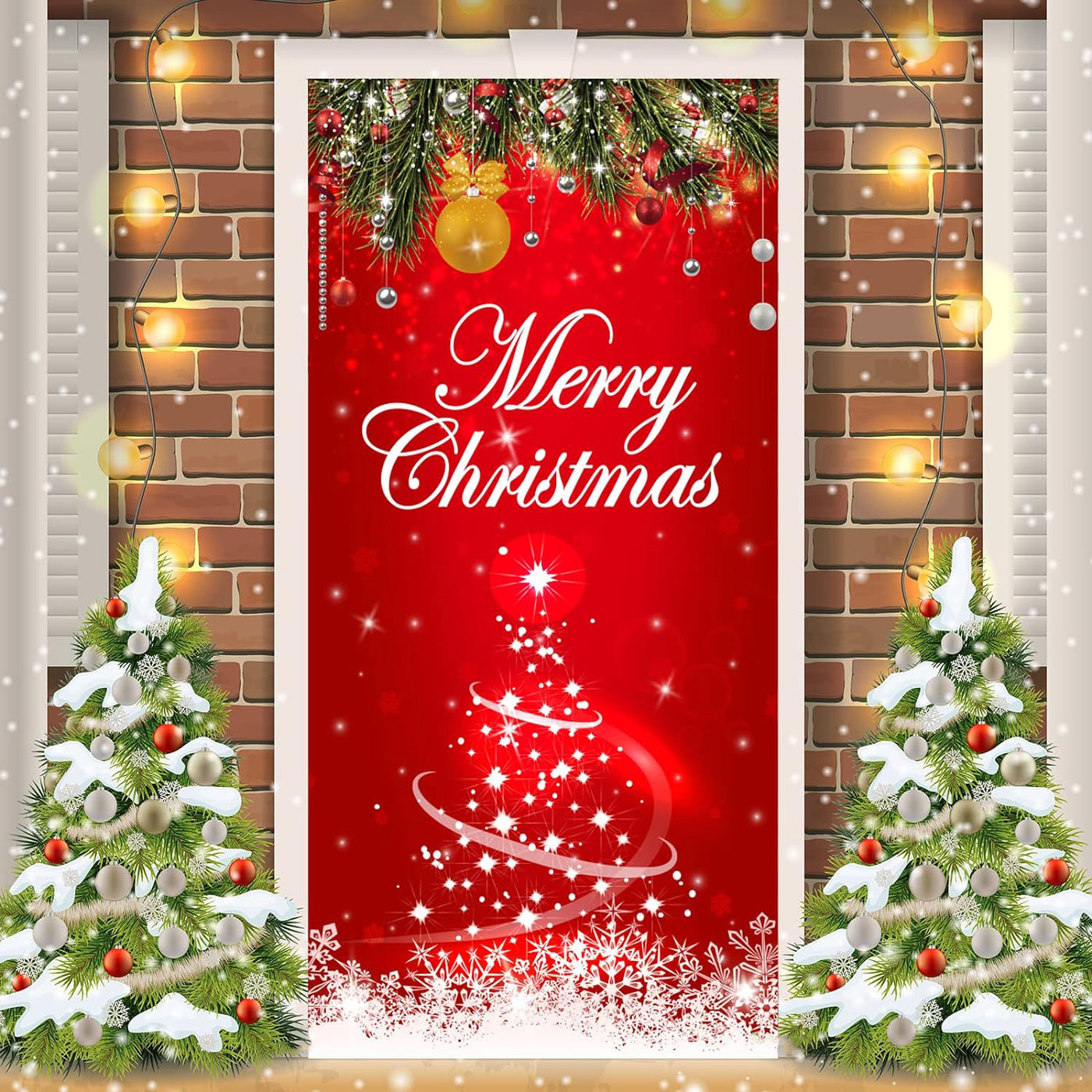 Merry Christmas Eve In Red Front Door Wrap Cover Xmas Decoration
