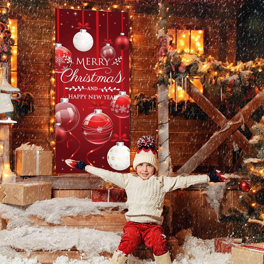 Merry Christmas Red Ornament Balls Front Door Wrap Cover Holiday Decoration