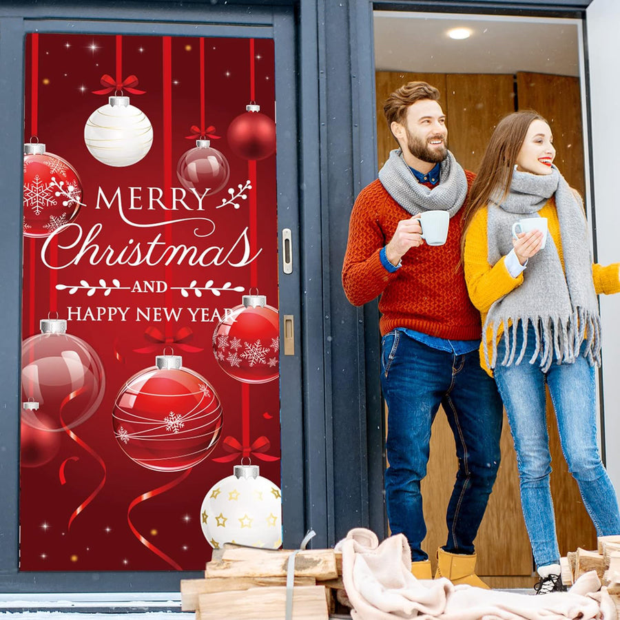 Merry Christmas Red Ornament Balls Front Door Wrap Cover Holiday Decoration
