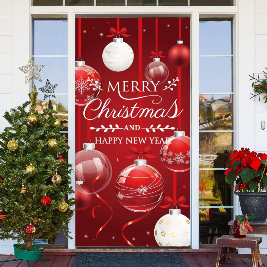 Merry Christmas Red Ornament Balls Front Door Wrap Cover Holiday Decoration