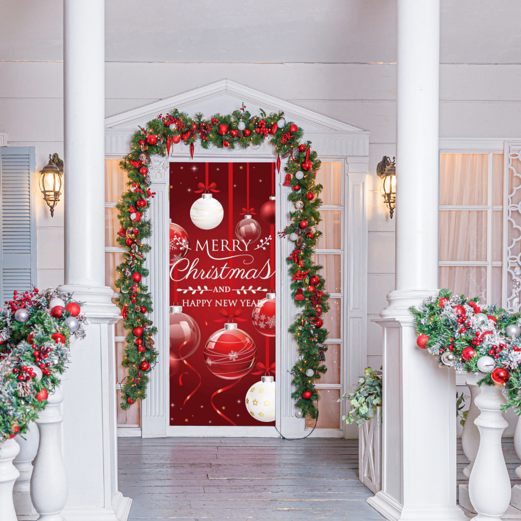 Merry Christmas Red Ornament Balls Front Door Wrap Cover Holiday Decoration