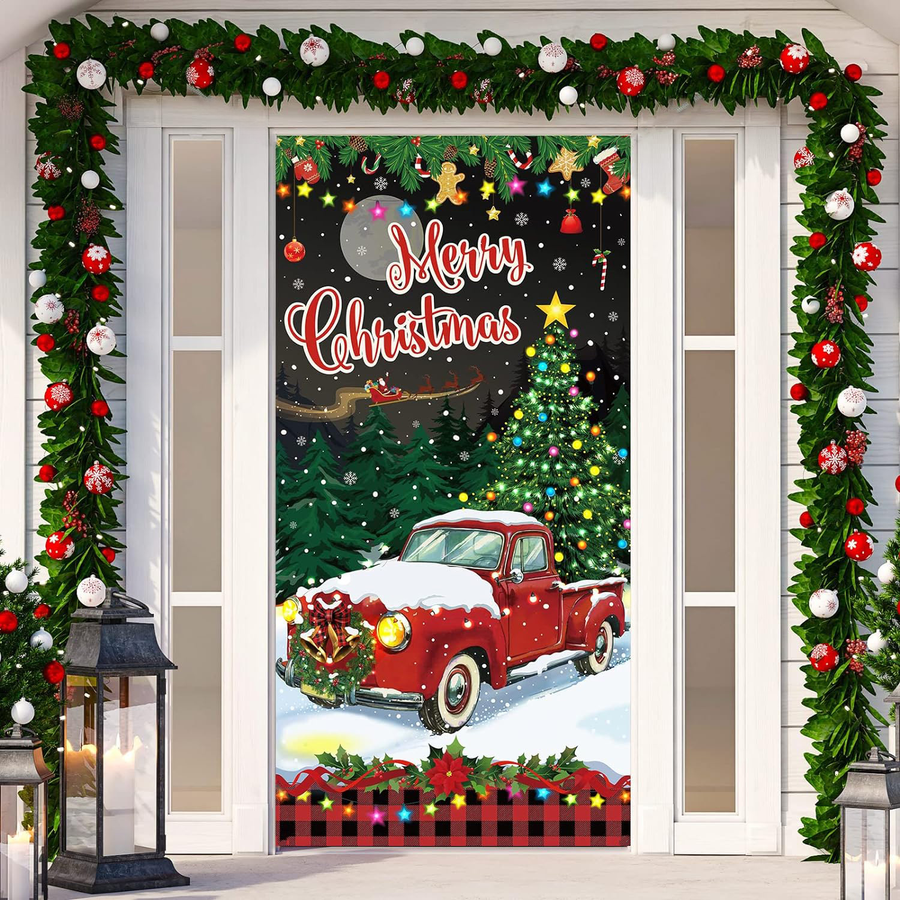 Merry Christmas Red Truck Front Door Wrap Cover Holiday Decor