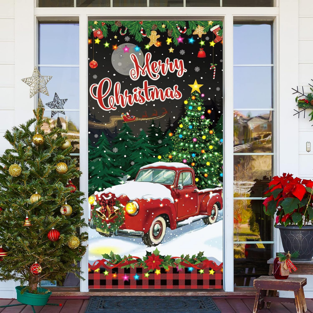 Merry Christmas Red Truck Front Door Wrap Cover Holiday Decor
