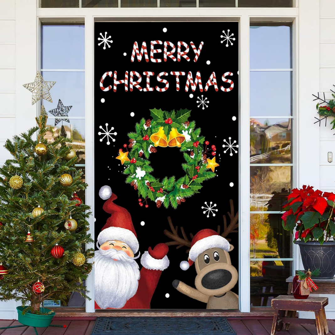 Merry Christmas Santa Reindeer Snowflake Front Door Wrap Cover Decoration