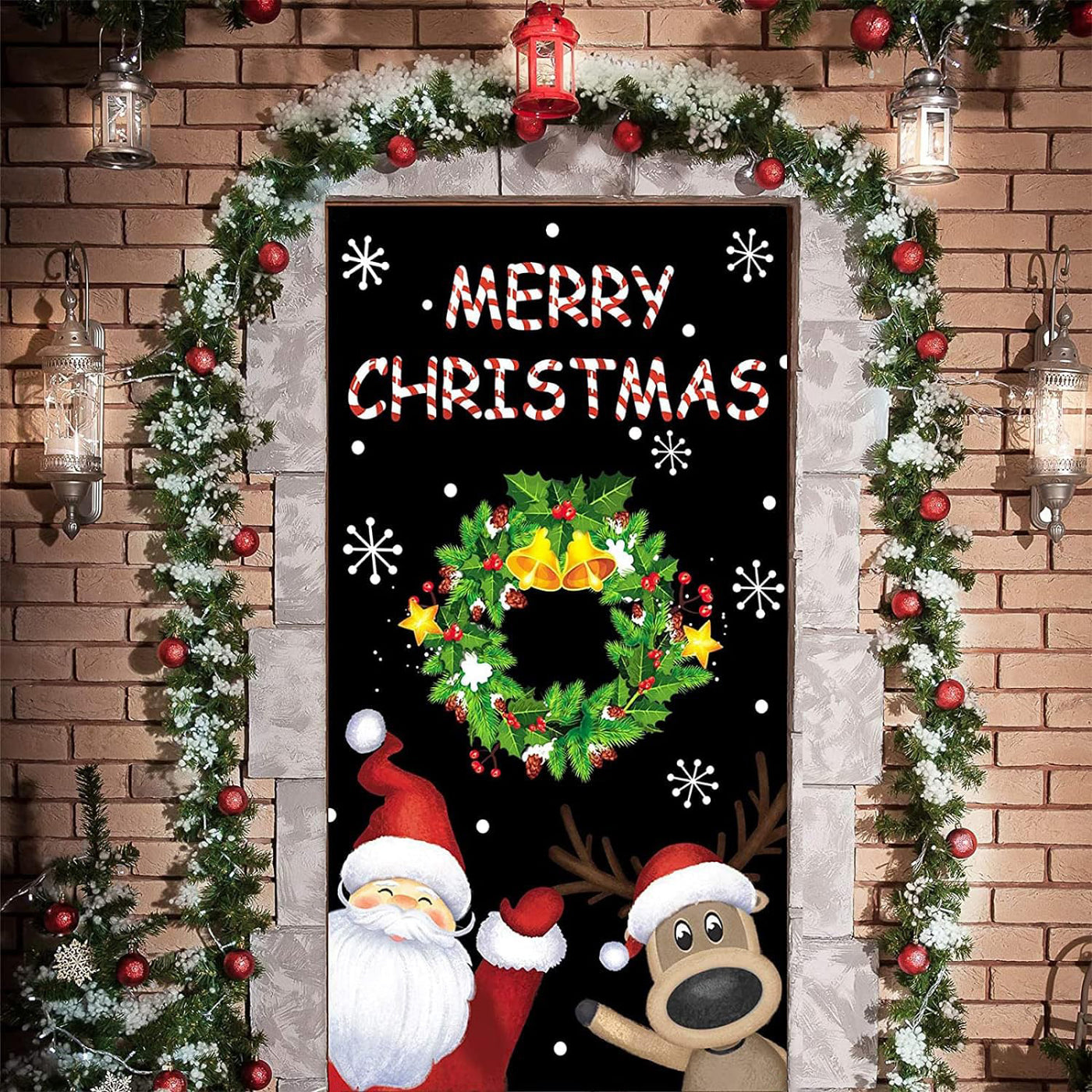 Merry Christmas Santa Reindeer Snowflake Front Door Wrap Cover Decoration