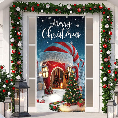 Merry Christmas Snowflake And Christmas Tree Front Door Wrap Cover Decoration
