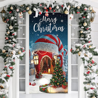 Merry Christmas Snowflake And Christmas Tree Front Door Wrap Cover Decoration