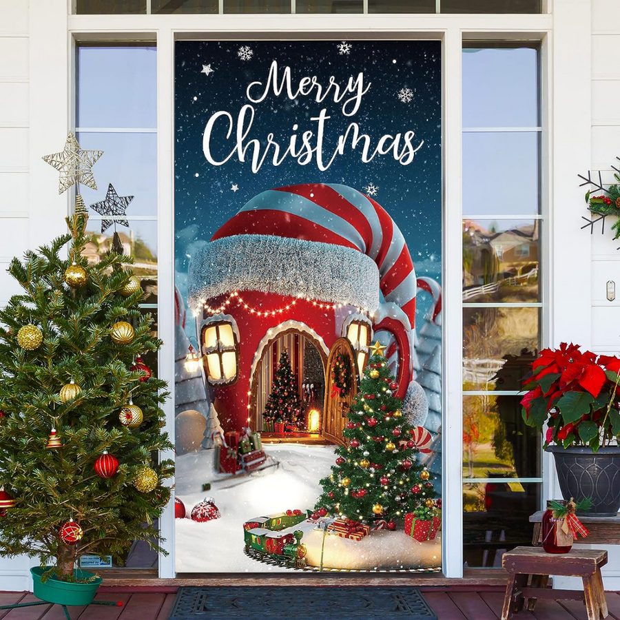 Merry Christmas Snowflake And Christmas Tree Front Door Wrap Cover Decoration