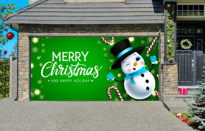 Merry Christmas Snowman On Green Garage Door Wrap Cover Home Decoration
