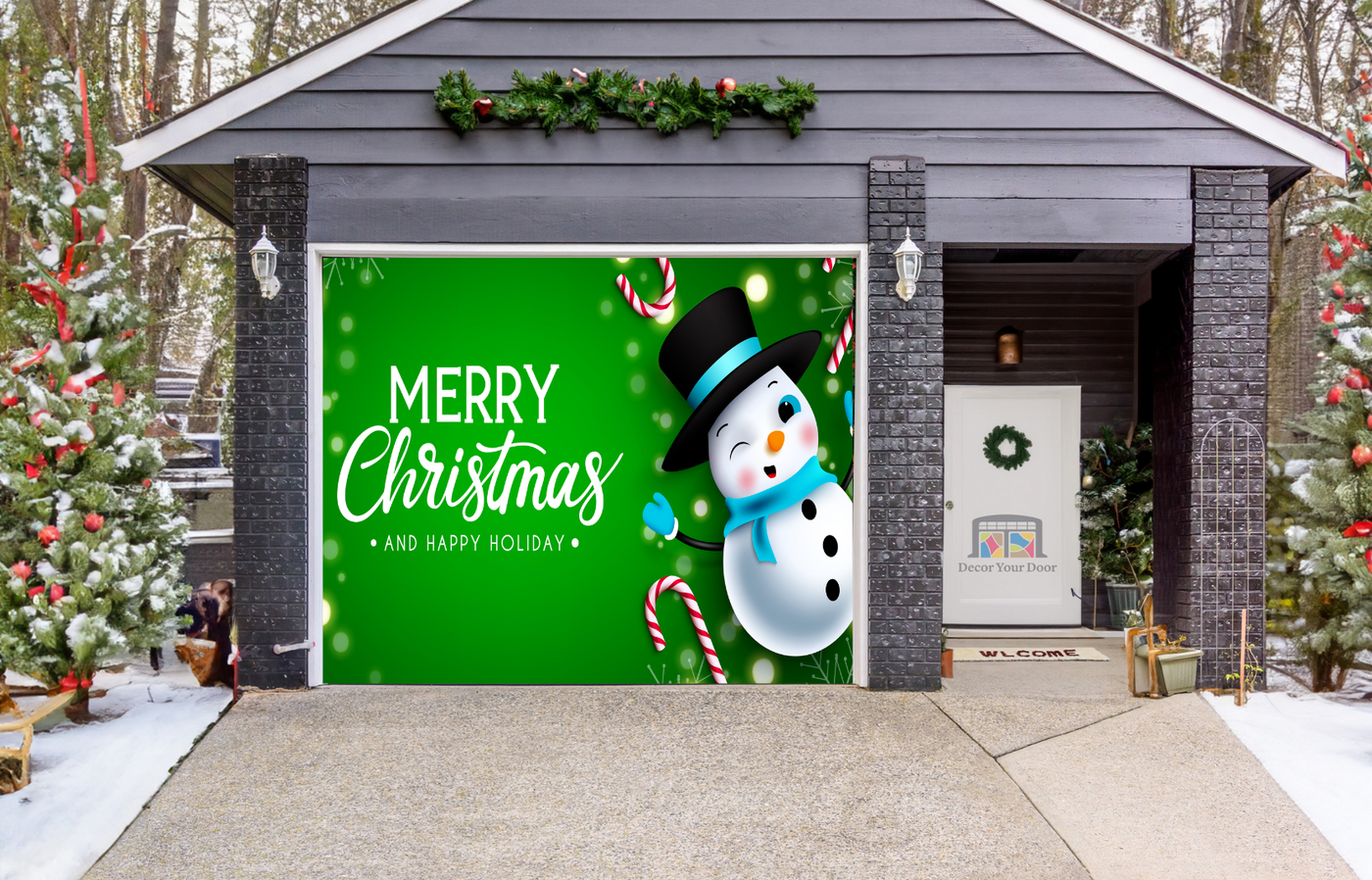 Merry Christmas Snowman On Green Garage Door Wrap Cover Home Decoration