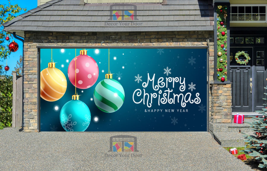 Merry Christmas With Colorful Hanging Xmas Balls In Snowflakes Garage Door Wrap Cover Holiday Decoration